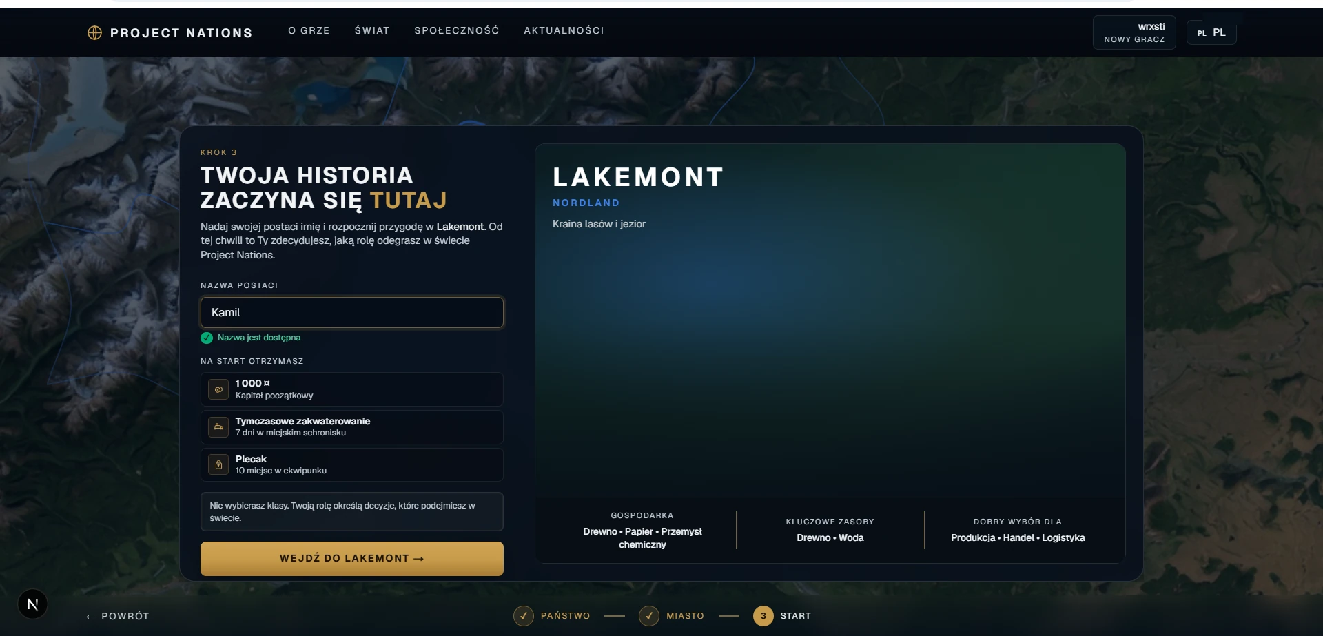 Wczesna wersja ostatniego kroku onboardingu Project Nations bez grafiki Lakemont