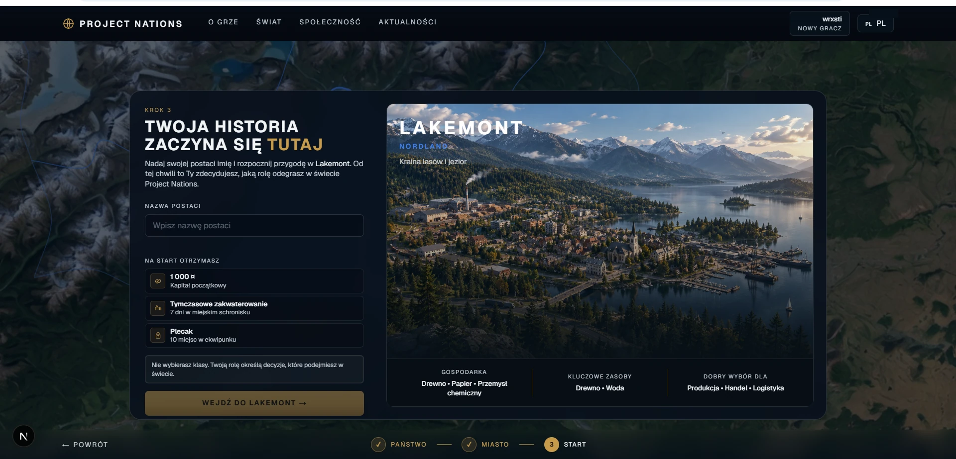 Ostatni krok onboardingu Project Nations z pierwszym wizualnym przedstawieniem Lakemont