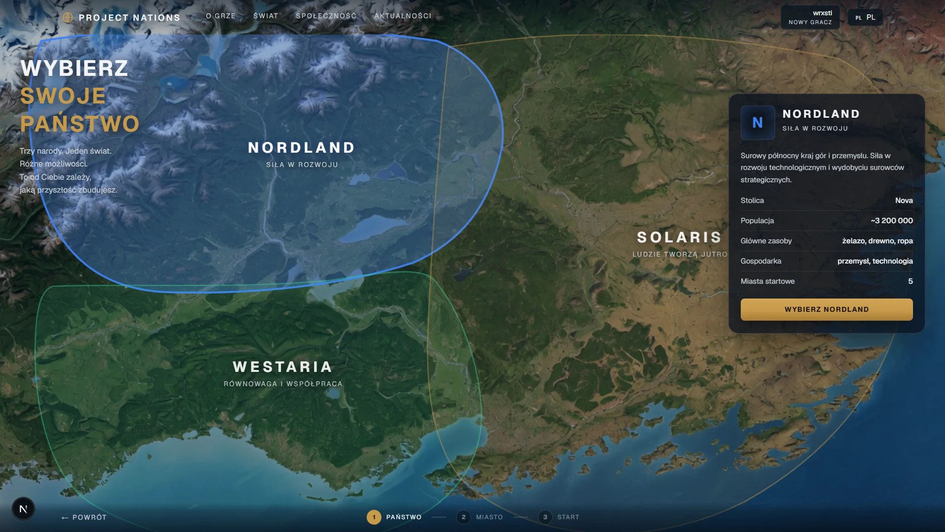 Wczesna wersja mapy Project Nations z podziałem na Nordland, Westarię i Solaris