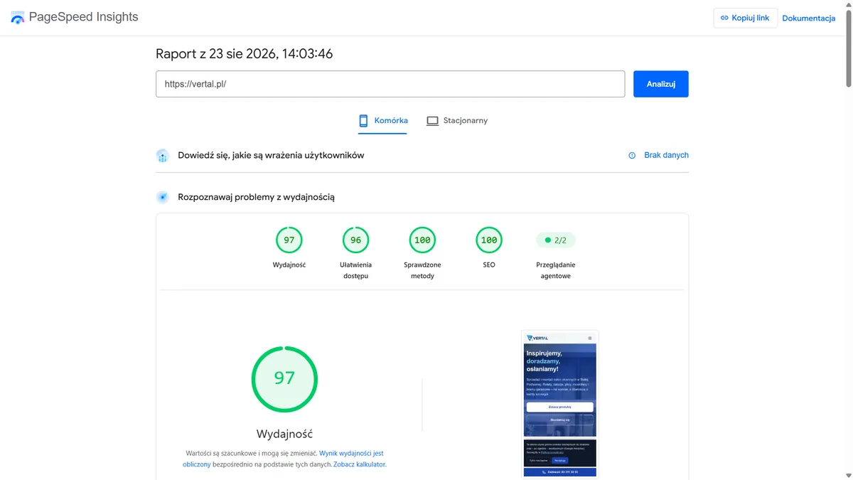 PageSpeed Insights mobile dla vertal.pl: wynik wydajności 97